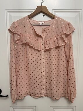 LC Lauren Conrad Blush Pink Ruffle Button-Front Blouse with Gold Dots